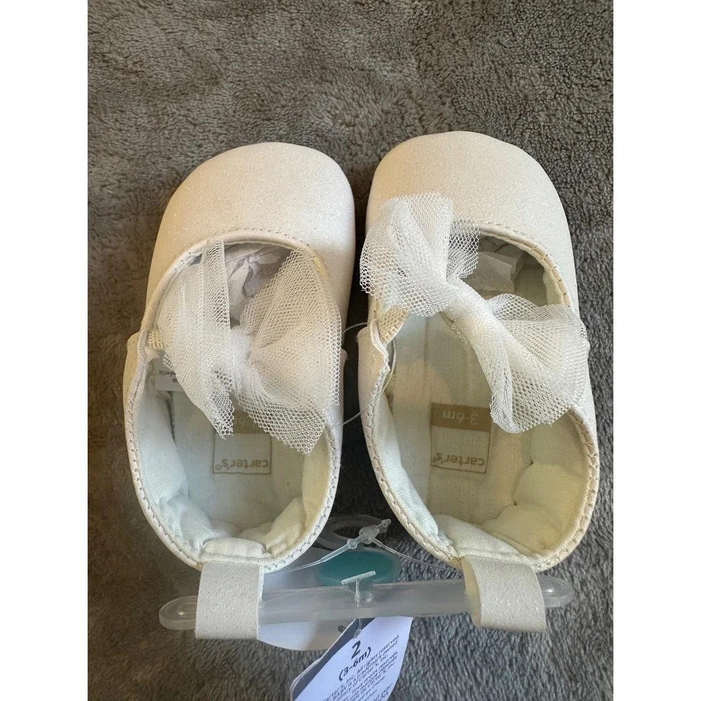 Carters Baby Girl White Sparkle Mary Jane Crib Shoes Tulle Bow Size‎ 2 3-6M New